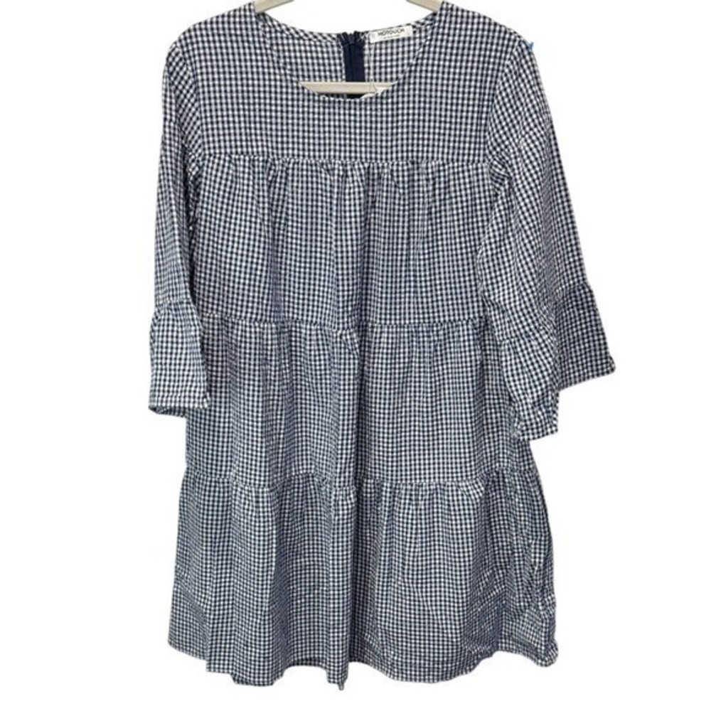 HOTOUCH Womens Gingham Tiered‎ Mini Dress 3/4 Sleeve Blue White Casual